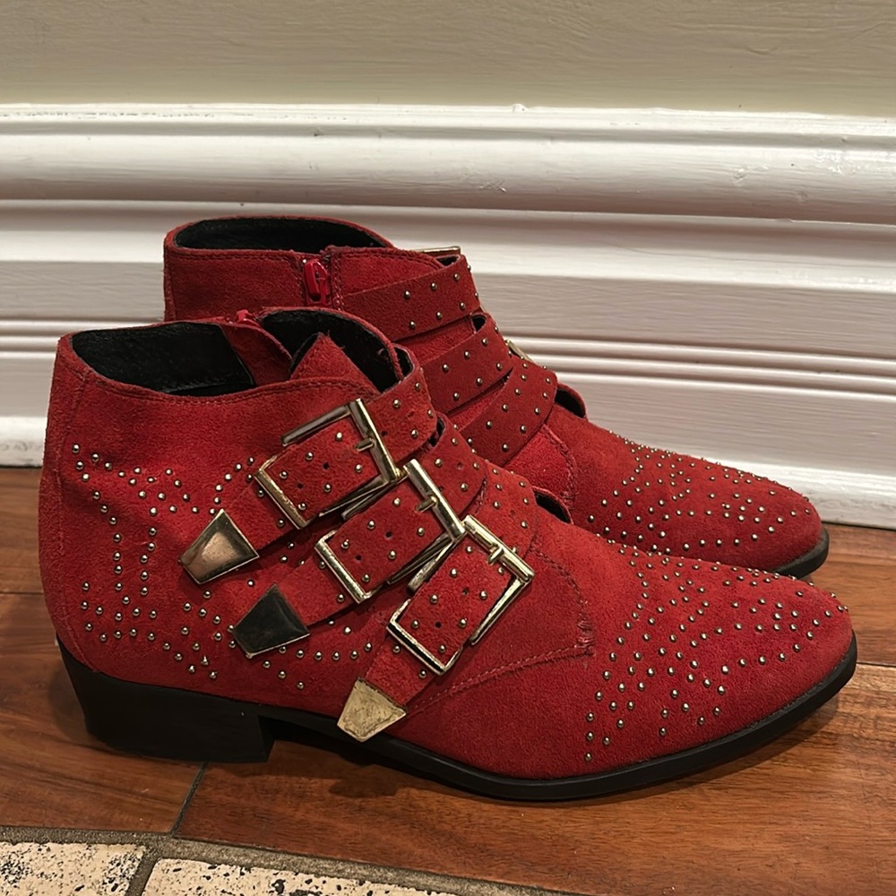 Office Lucky Charm Studded Ankle Boots Red